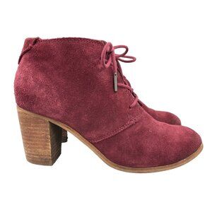 Toms Women's Size 7 Lunata Red Suede High Heel Lace-Up Ankle Booties Boots